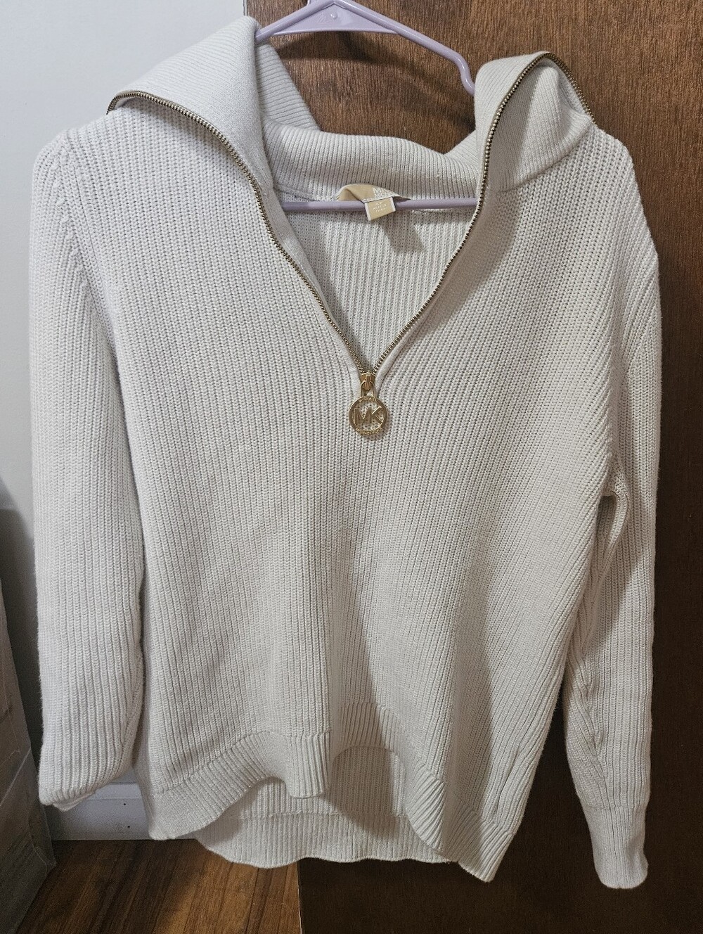Michael Kors Quarter-Zip-Front Knit Sweater With Large Collar & Gold Logo Zipper